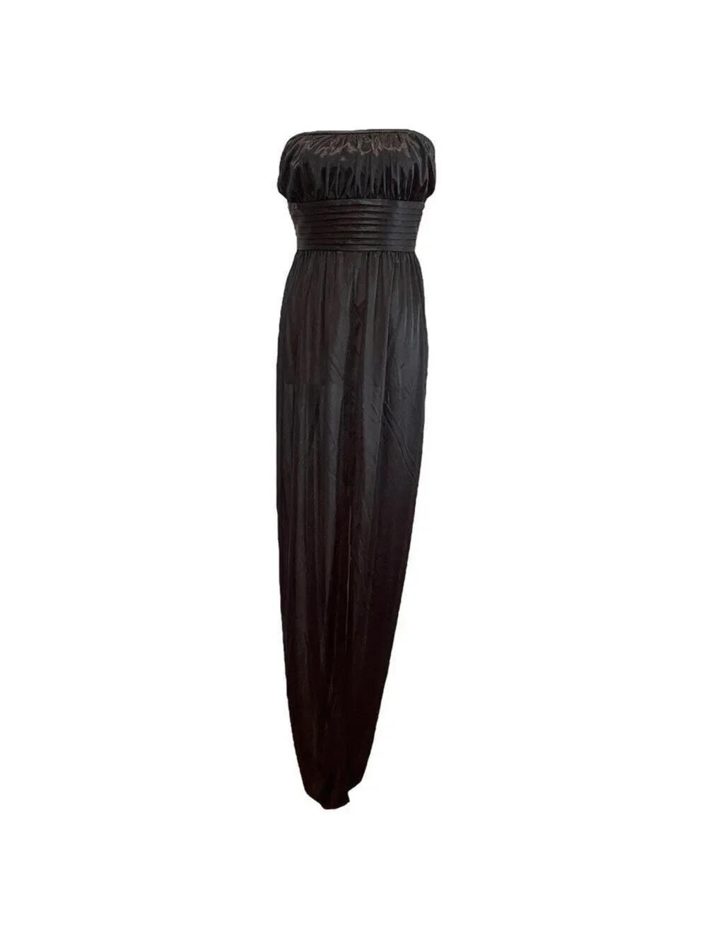 70's BLACK NYLON STRAPLESS LOUNGEWEAR GOWN PLEAT DETAIL WAIST W FRONT SLIT SZ S